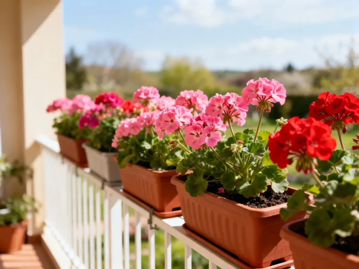 Kolorowe pelargonie w skrzynkach na balkonie wiosną