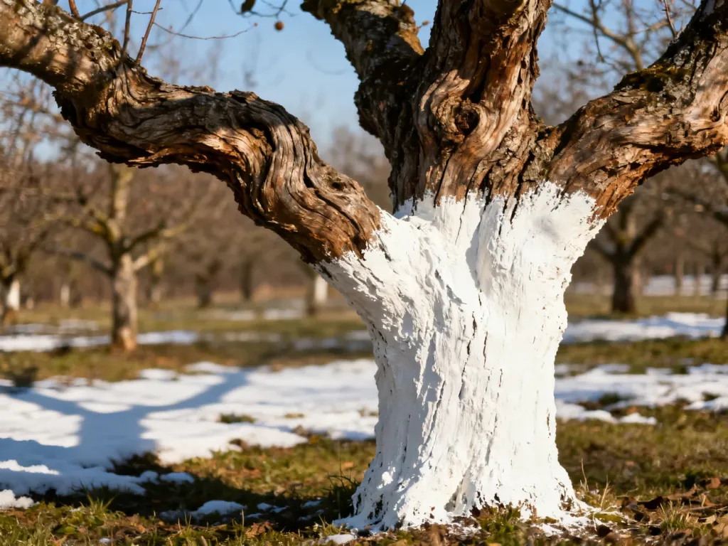 Pobielony wapnem pień jabłoni w sadzie pod koniec zimy, chroniący drzewo przed skutkami wahań temperatury.