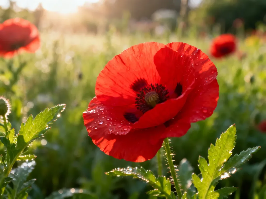 Zbliżenie na kwitnące czerwone maki w ogrodzie, oświetlone porannym słońcem z widocznymi kroplami rosy.