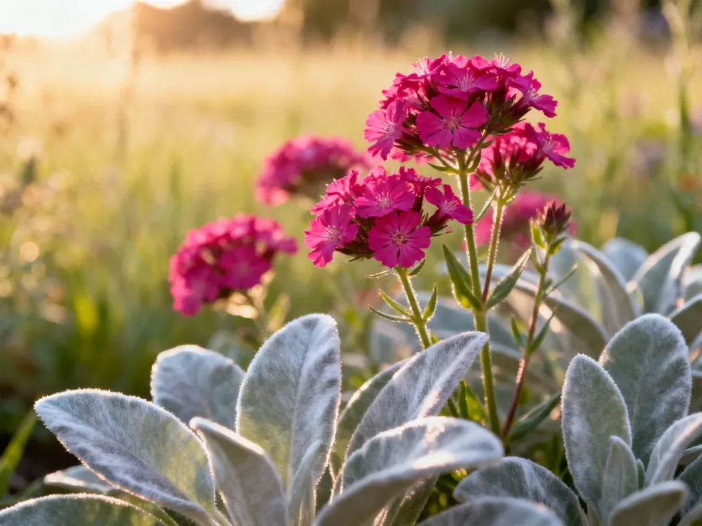 Zbliżenie na intensywnie różowe kwiaty firletki kwiecistej z charakterystycznymi srebrzystymi liśćmi w słonecznym ogrodzie.