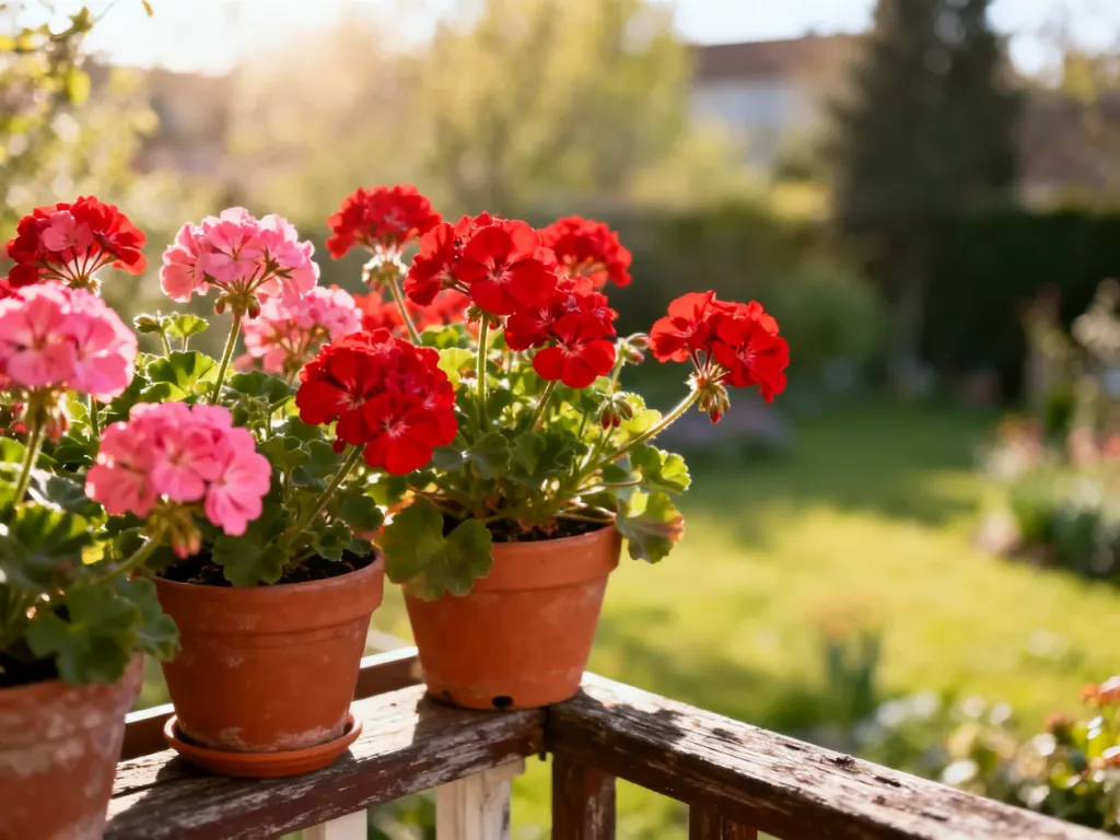 Kwitnące pelargonie w terakotowych donicach na drewnianej balustradzie w słoneczny wiosenny poranek.