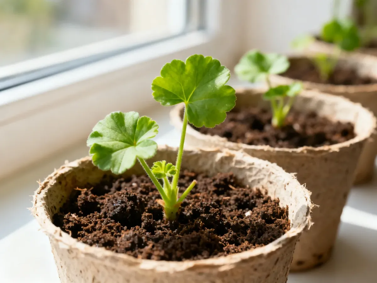 Młode siewki pelargonii na jasnym parapecie