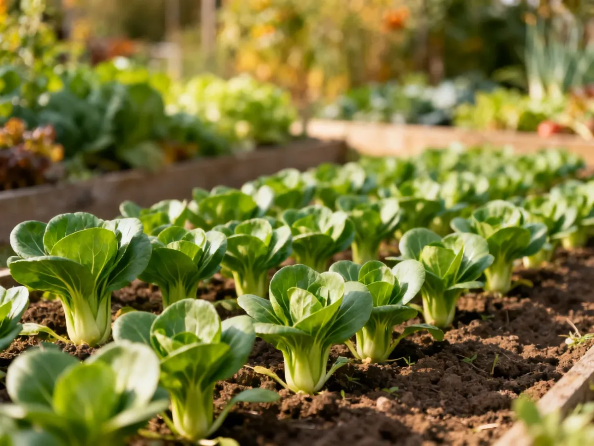Młode rośliny pak choi rosnące w równych rzędach w ogrodzie
