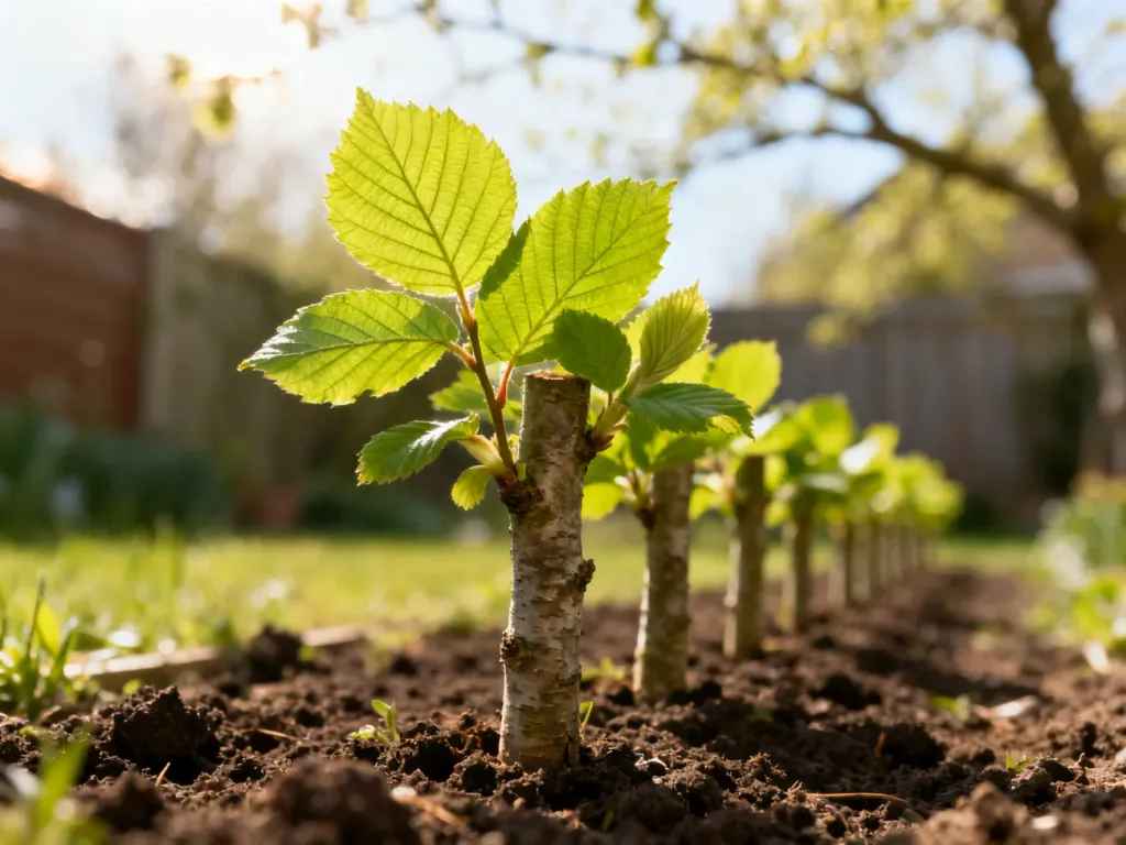 Młode sadzonki grabu posadzone w równym rzędzie w żyznej glebie, gotowe do stworzenia gęstego żywopłotu.