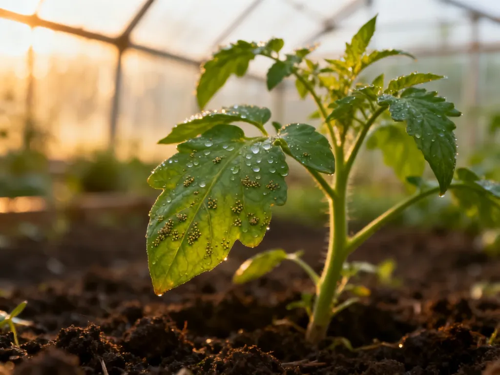 Zdrowy krzak pomidora z widocznymi na liściu zarodnikami grzybów, które wspierają naturalną ochronę rośliny.
