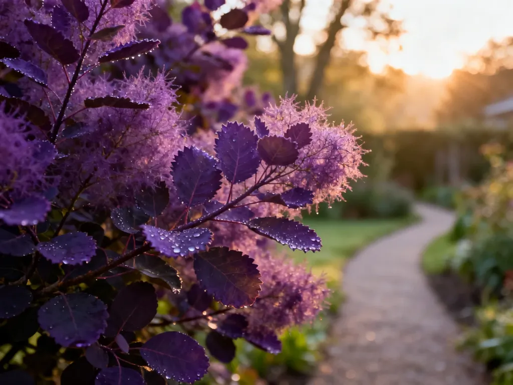 Kwitnący krzew perukowca o ciemnopurpurowych liściach z kroplami rosy w słonecznym ogrodzie.