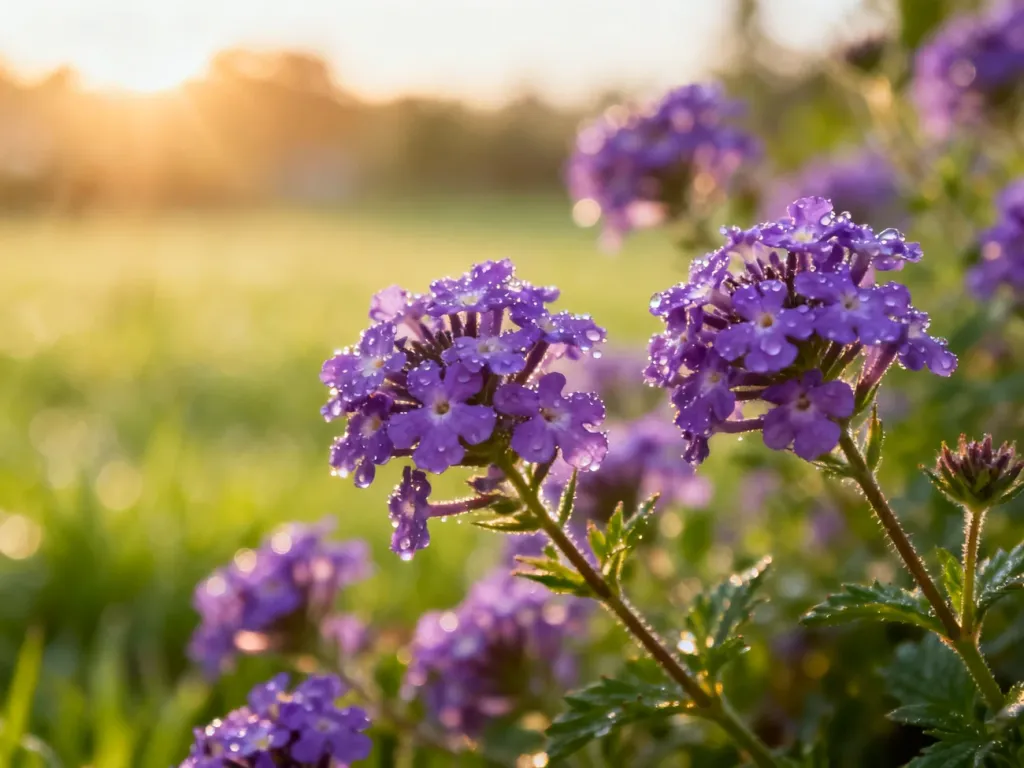 Zbliżenie na kwitnące kwiaty purpurowej werbeny z kroplami rosy w słonecznym ogrodzie.