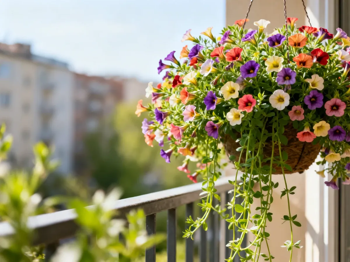 Kwitnąca calibrachoa w wiszącej donicy na słonecznym balkonie
