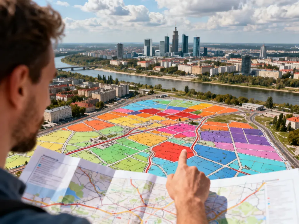 Panorama Warszawy z lotu ptaka z kolorowo zaznaczonymi dzielnicami, palcem wskazującym jedną z nich, no text on the picture