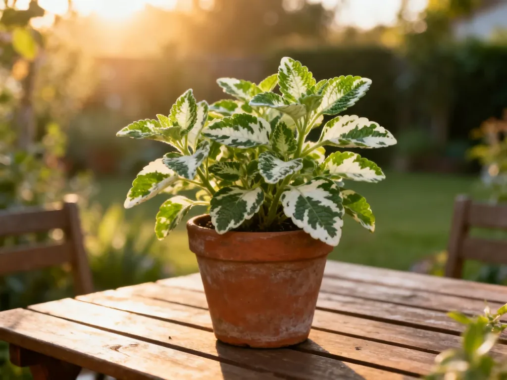Plectranthus coleoides 'Marginatus' o biało-zielonych liściach w terakotowej doniczce na drewnianym stole w słonecznym ogrodzie.