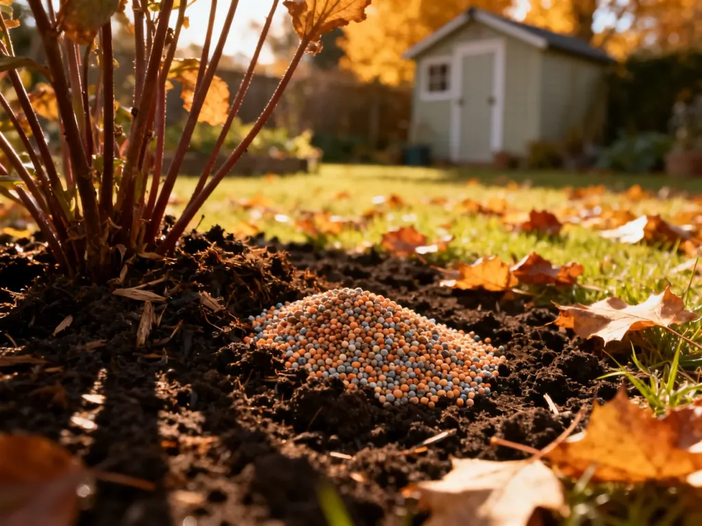 Stosowanie kompostu i nawozów mineralnych na rabacie jesienią w celu przygotowania roślin do zimy.