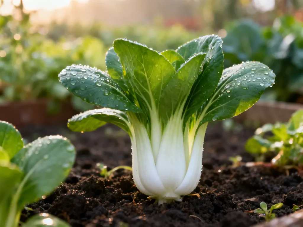 Świeże rośliny pak choi z kroplami rosy rosnące w żyznej glebie ogrodowej w porannym świetle.