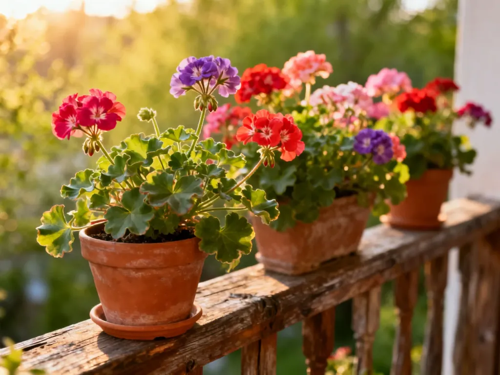 Kwitnące pelargonie bluszczolistne w terakotowych donicach na drewnianej balustradzie w słoneczny wiosenny poranek.