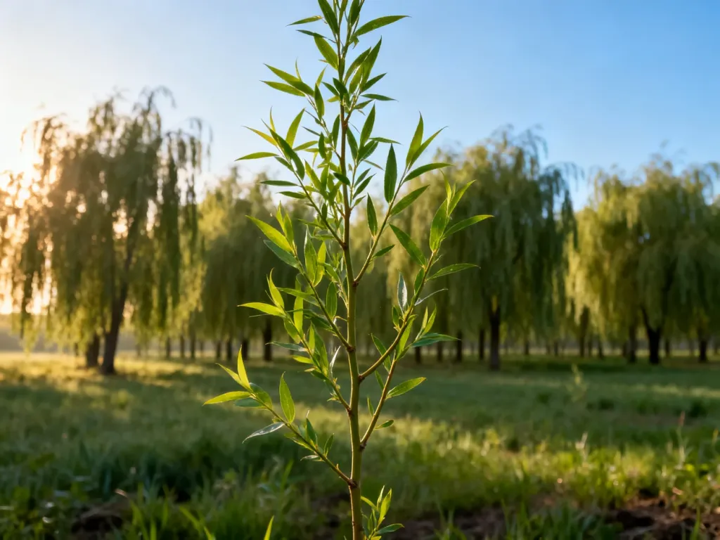 Młoda sadzonka wierzby energetycznej z wyraźnymi zielonymi liśćmi na tle rozległej plantacji w promieniach słońca.
