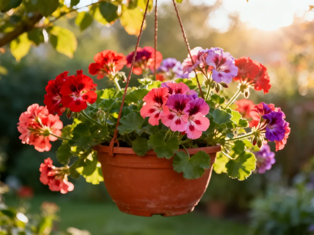 Kwitnące pelargonie zwisające w terakotowej donicy, oświetlone ciepłym porannym światłem w ogrodzie.