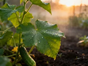 Zdrowe, zielone sadzonki ogórków w ogrodzie z kroplami rosy na liściach w porannym świetle.