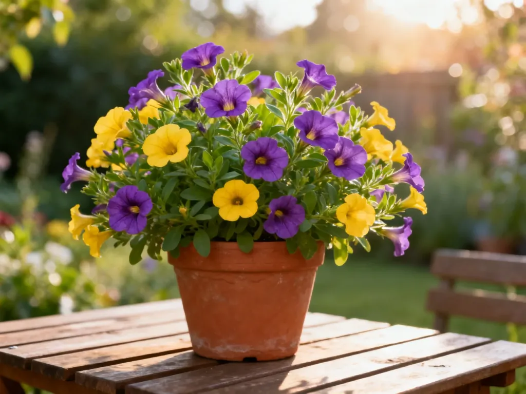 Kolorowe kwiaty calibrachoa w terakotowej donicy na drewnianym stole, oświetlone porannym słońcem.